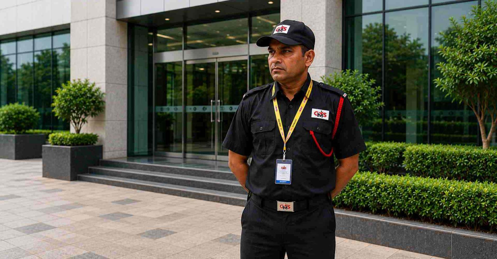 GMS security guard stationed at a corporate building entrance
