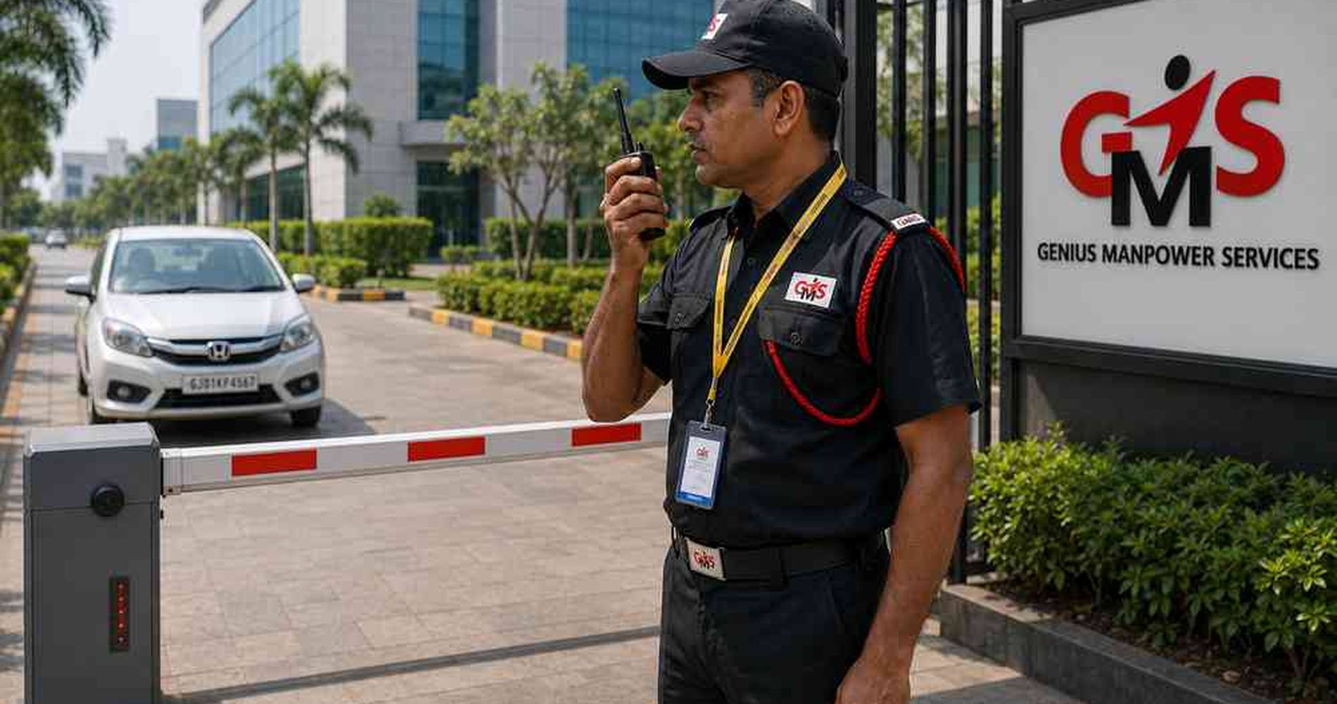 GMS security guard checking access at a facility gate